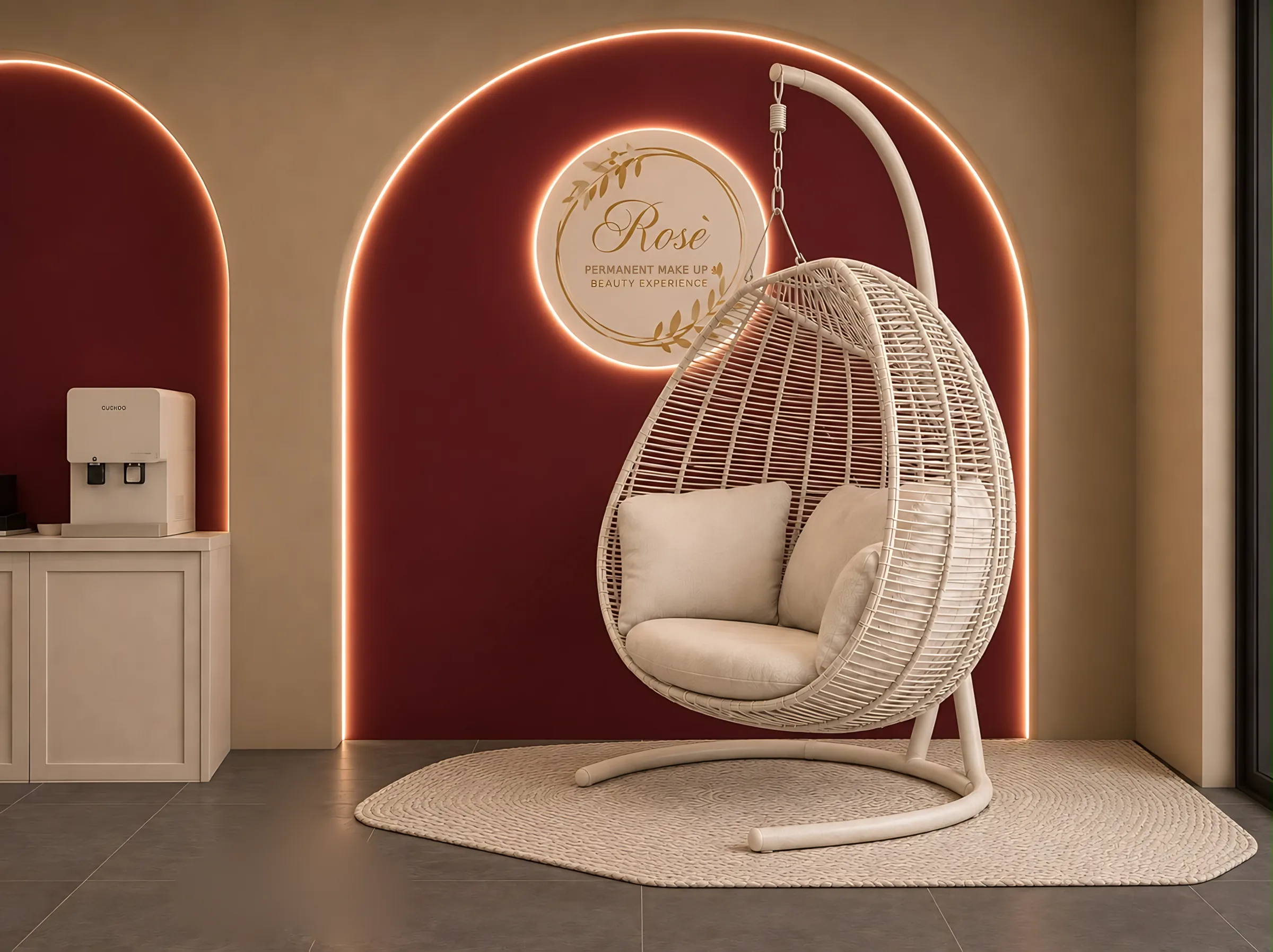 Angolo relax del centro con poltrona sospesa e logo Rosè